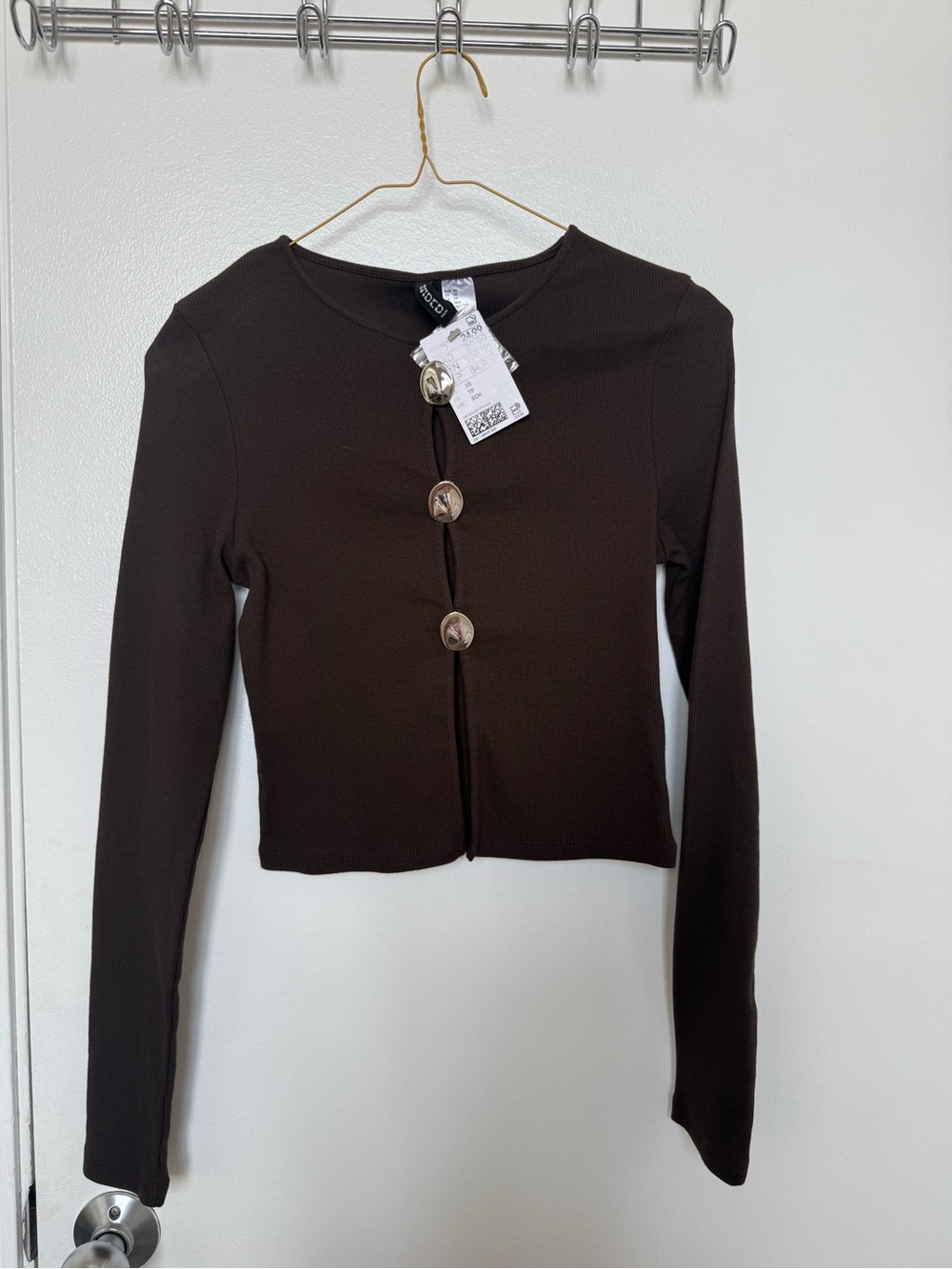 H&M Dark Brown Cropped Long-Sleeve Button Cardigan